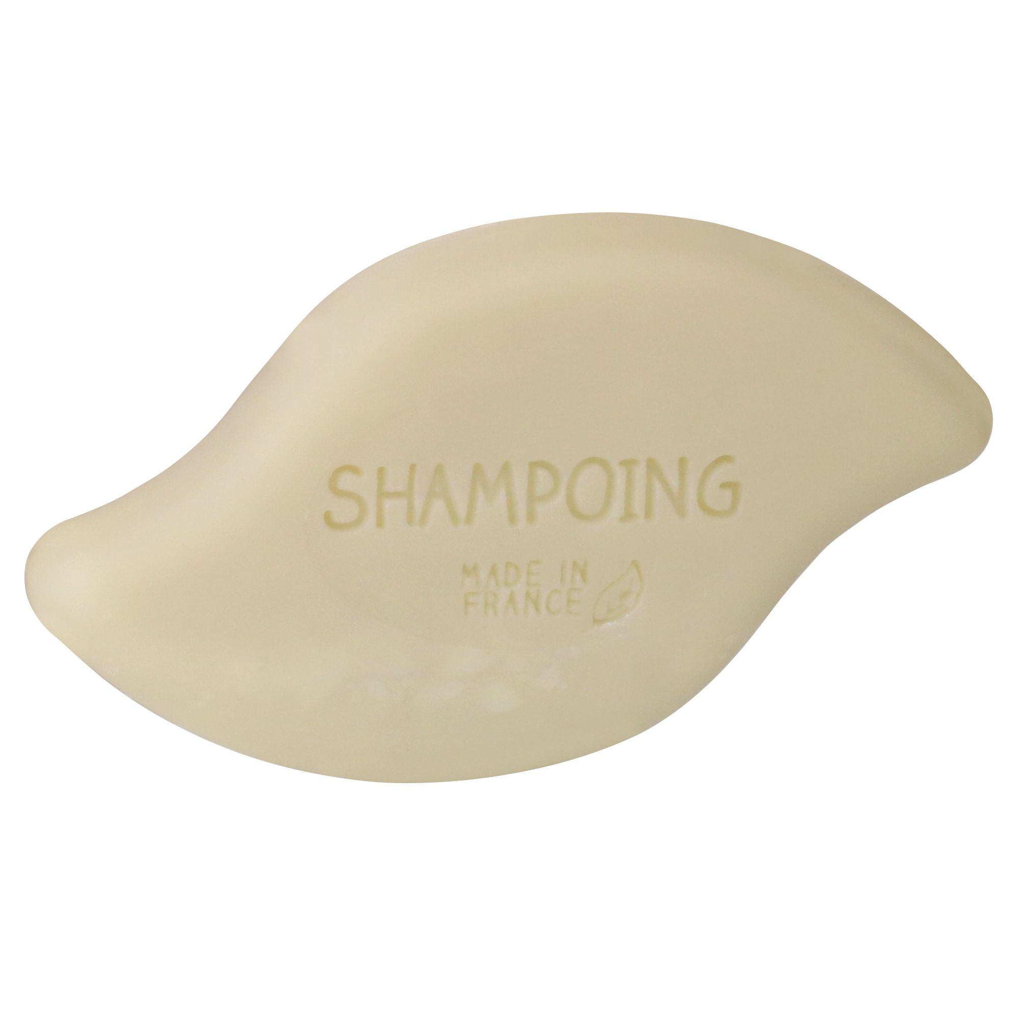 Festes Shampoo mit gelbem Ton. Aufschrift: SHAMPOING, Made in France.