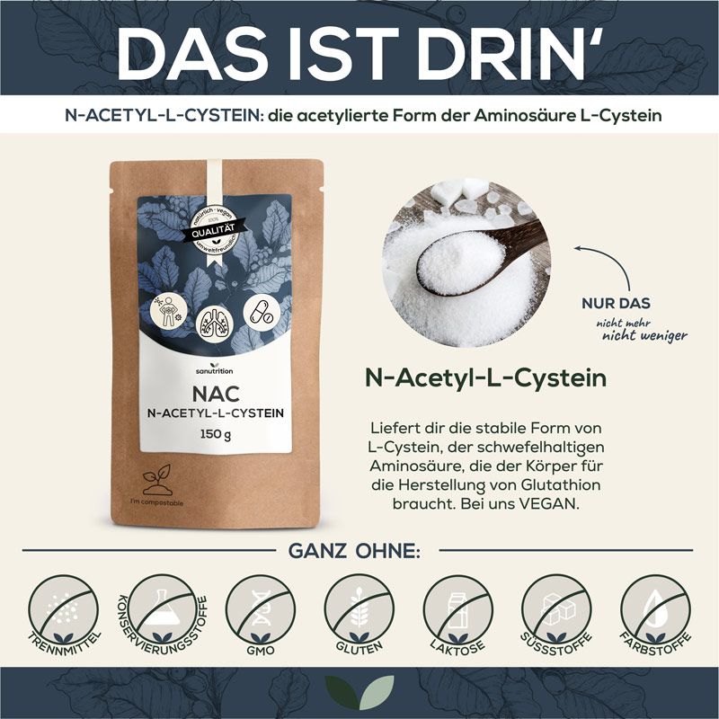 Produktbeutel mit NAC Pulver, N-Acetyl-L-Cystein, 150g. Braune Verpackung, blaues Etikett. Text: 'DAS IST DRIN'. Pulver und Löffel.