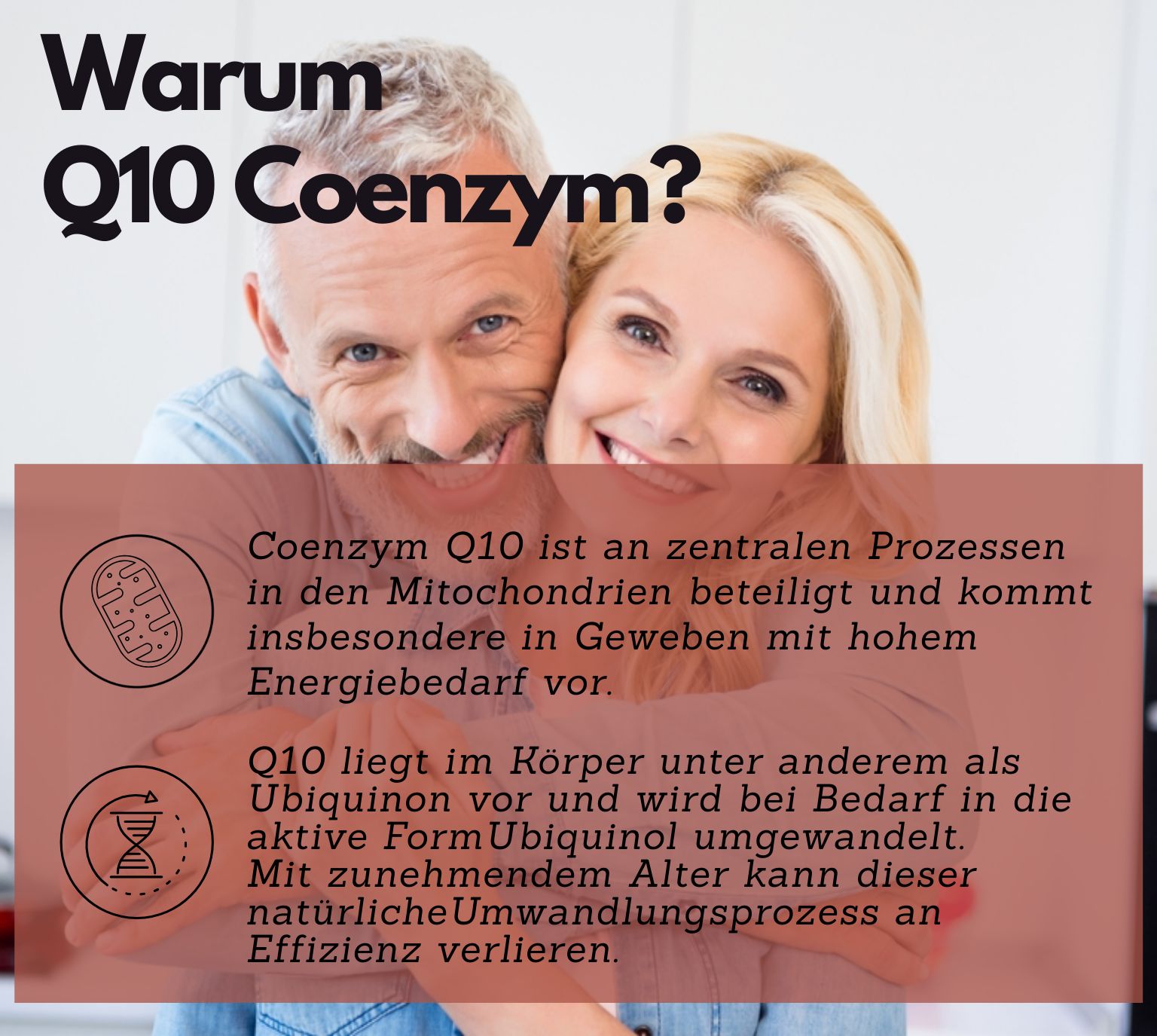 Ein älteres Paar lächelt. Text erklärt die Rolle von Q10 Coenzym im Körper.
