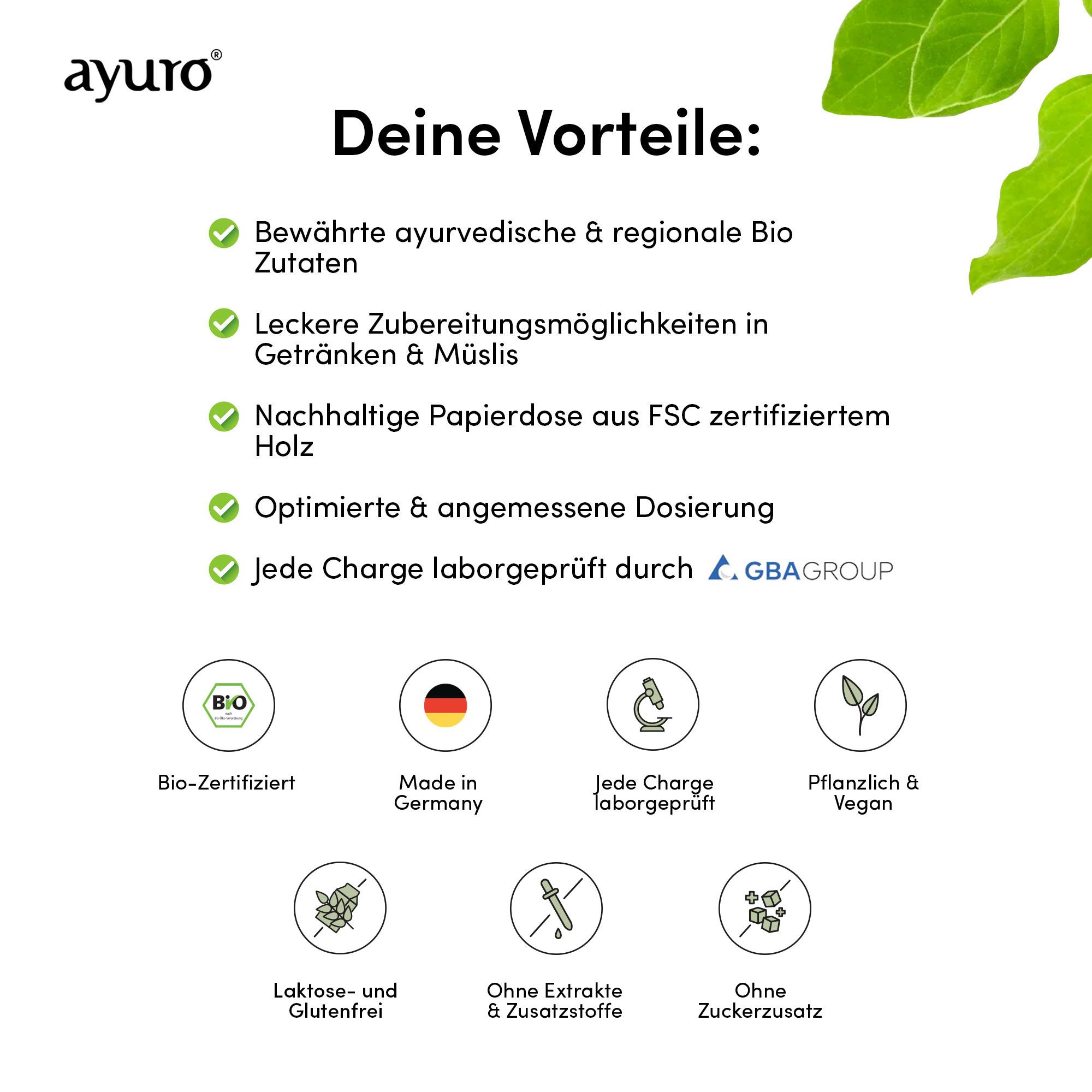 Vorteile-Liste mit Icons: Bio-Zertifiziert, Made in Germany, Laborgeprüft, Vegan, laktosefrei, ohne Zusätze.