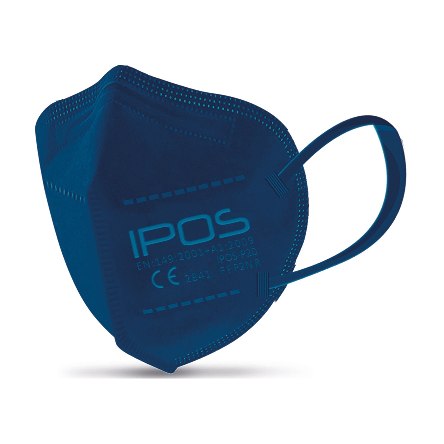 Blaue FFP2-Maske mit Ohrschlaufen. Aufgedrucktes Logo: IPOS. CE-Kennzeichnung. EN 149:2001+A1:2009. Blaue Maske mit weißem Innenfutter.