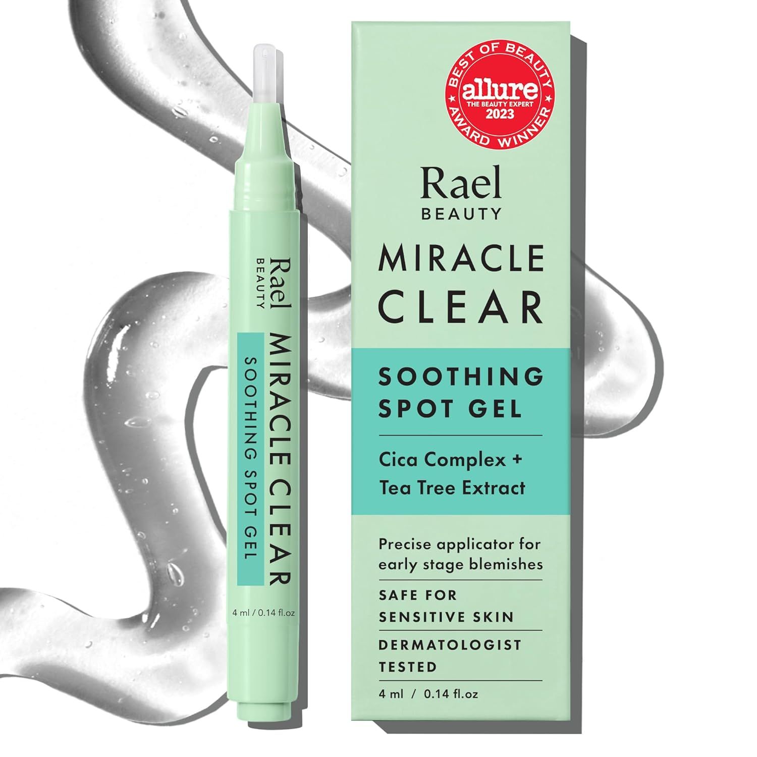 Grüne Tube mit Applikator und Verpackung. Aufschrift: Miracle Clear, Soothing Spot Gel. Auszeichnung: Best of Beauty.