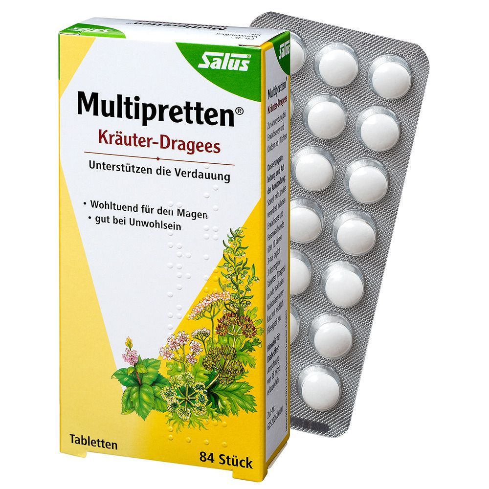 Karton mit Salus® Multipretten® Kräuter-Dragees und Blisterpackung. Aufdruck: 84 Stück, unterstützt die Verdauung.