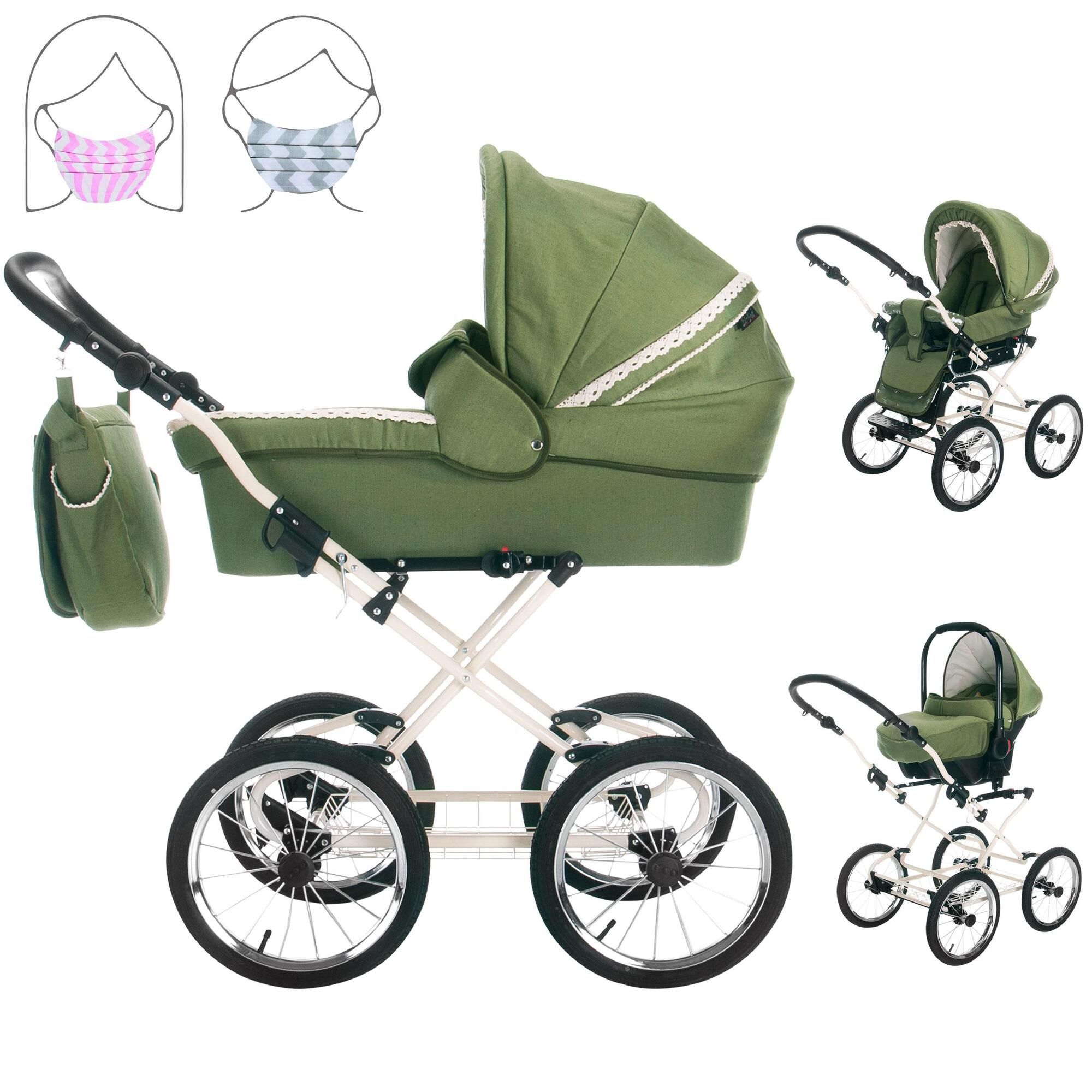 Friedrich Hugo Natureline 3 in 1 Kinderwagen Set Öko Nostalgie Kinderwagen, Hugo Forrest Creme