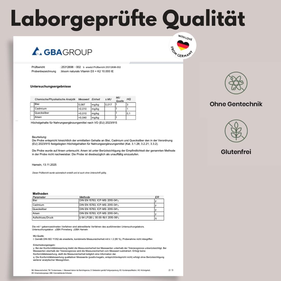 Laborgeprüftes Qualitätszertifikat. Text: Ohne Gentechnik, Glutenfrei. Logo: GBA Group, Made with love from Germany.