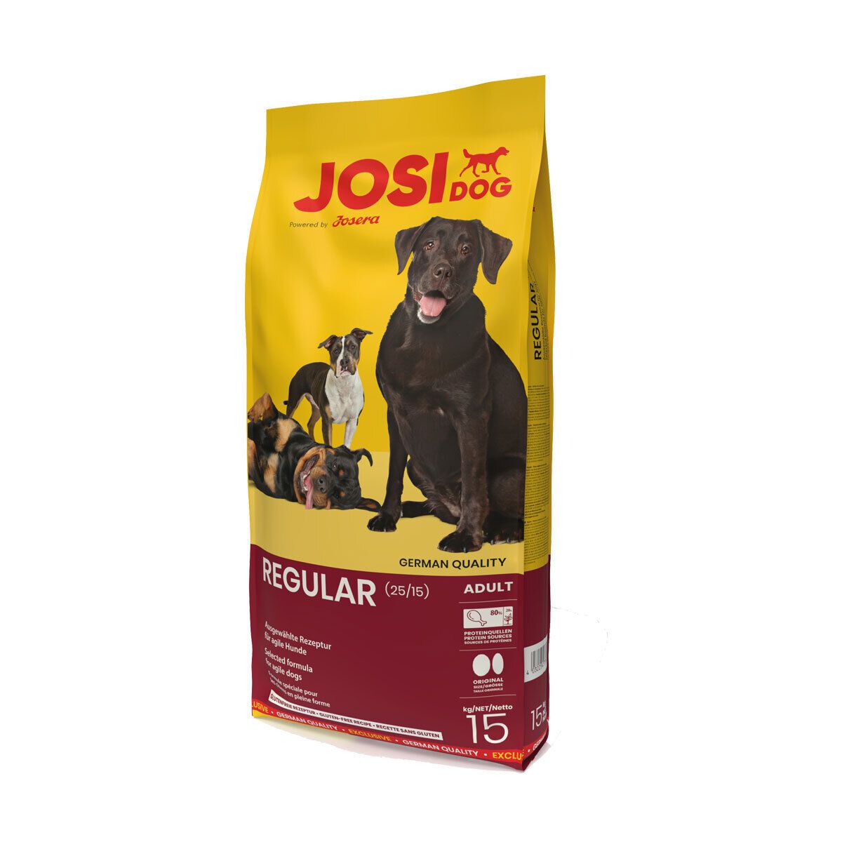 Gelbe Tüte mit JosiDog-Hundefutter. Aufdruck mit Hunden, Produktname und Angaben zu Inhaltsstoffen. Aufschrift "German Quality".