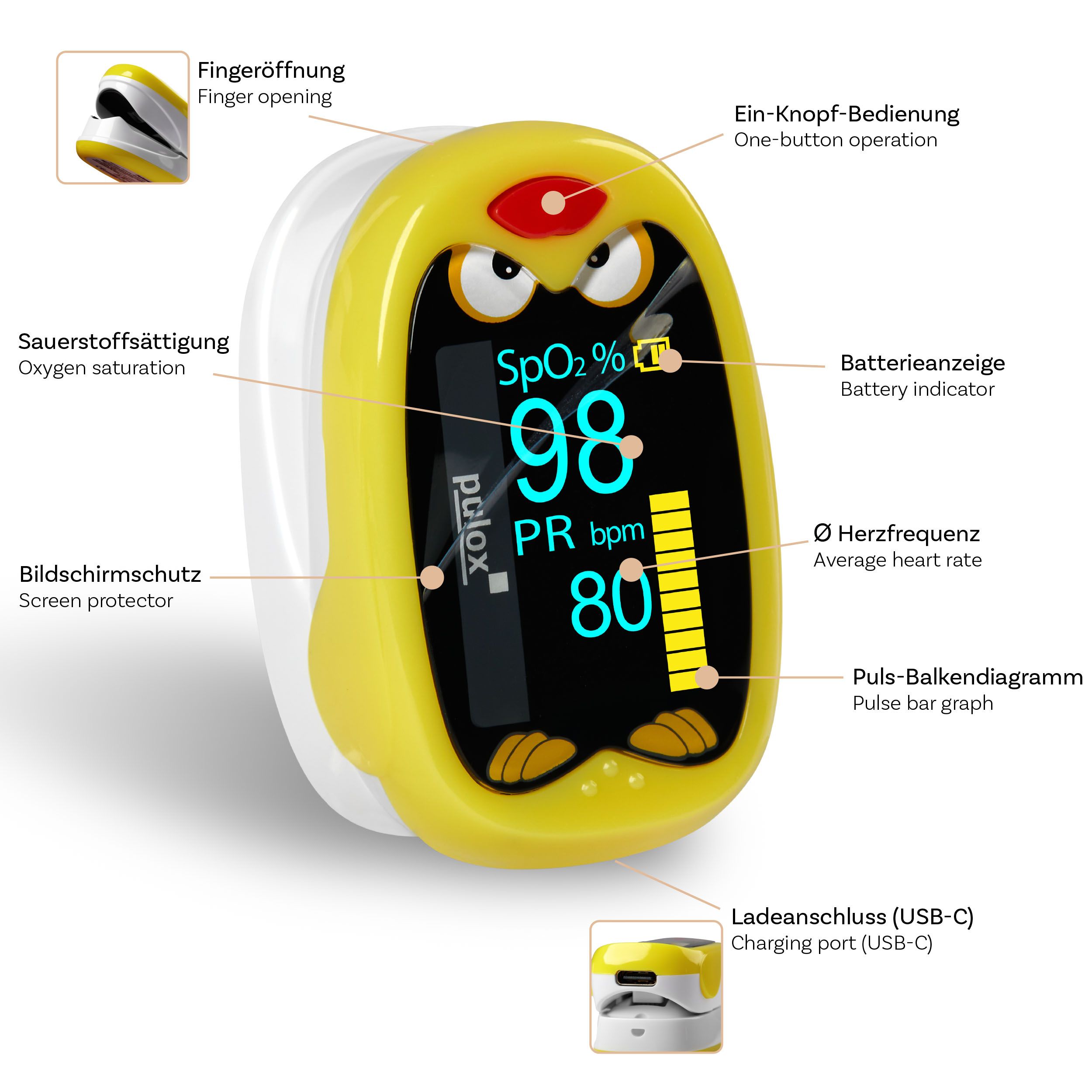 Pulox PO-210B - Akkubetriebenes Kinderpulsoximeter mit Warnfunktion