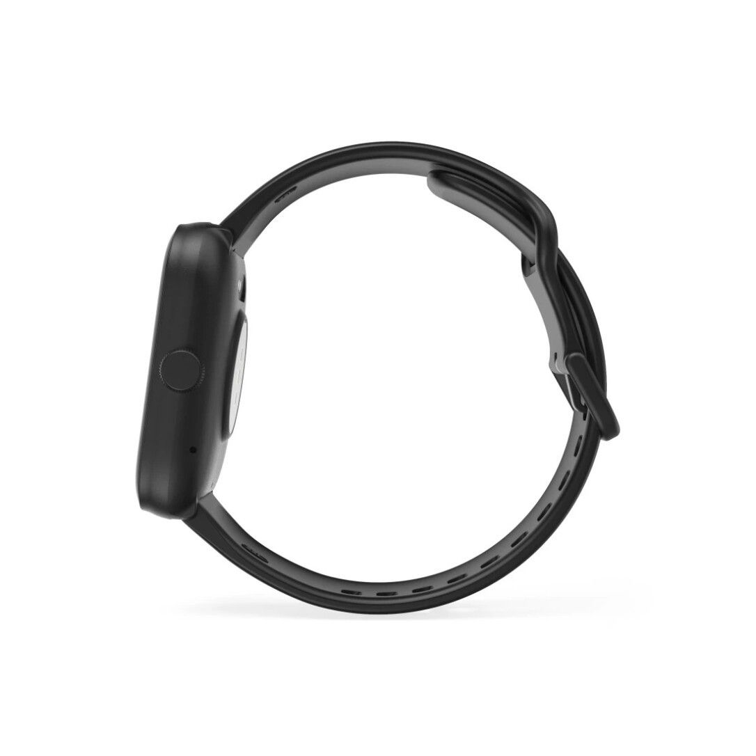 Schwarze Smartwatch-Seitenansicht. Zeigt das Gehäuse, die Krone und das Armband. Schwarzes Silikonarmband.