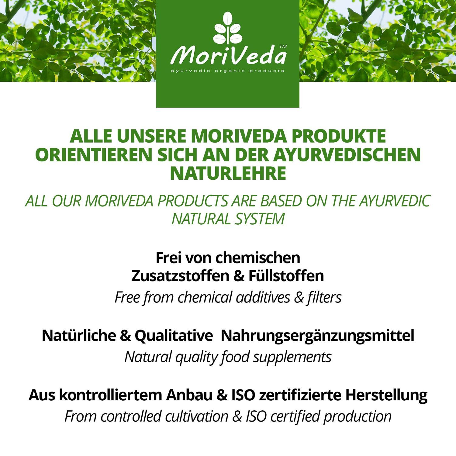 Text über die ayurvedische Naturlehre. Text: Frei von chemischen Zusatzstoffen. Natürliche Nahrungsergänzungsmittel. ISO zertifiziert.