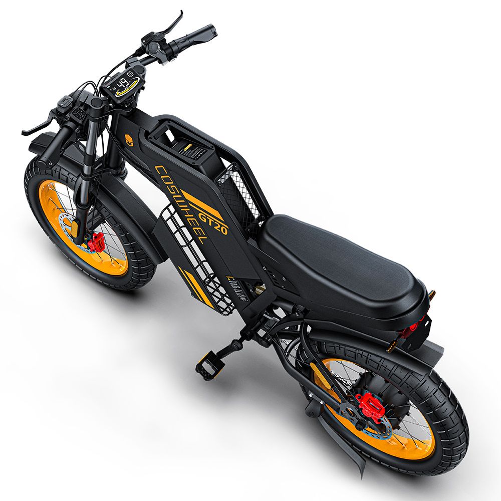 Draufsicht auf schwarzes COSWHEEL GT20 E-Dirtbike. Gelbe Felgen, schwarze Reifen. Sattel, Lenker, Akku-Gehäuse mit Schriftzug.