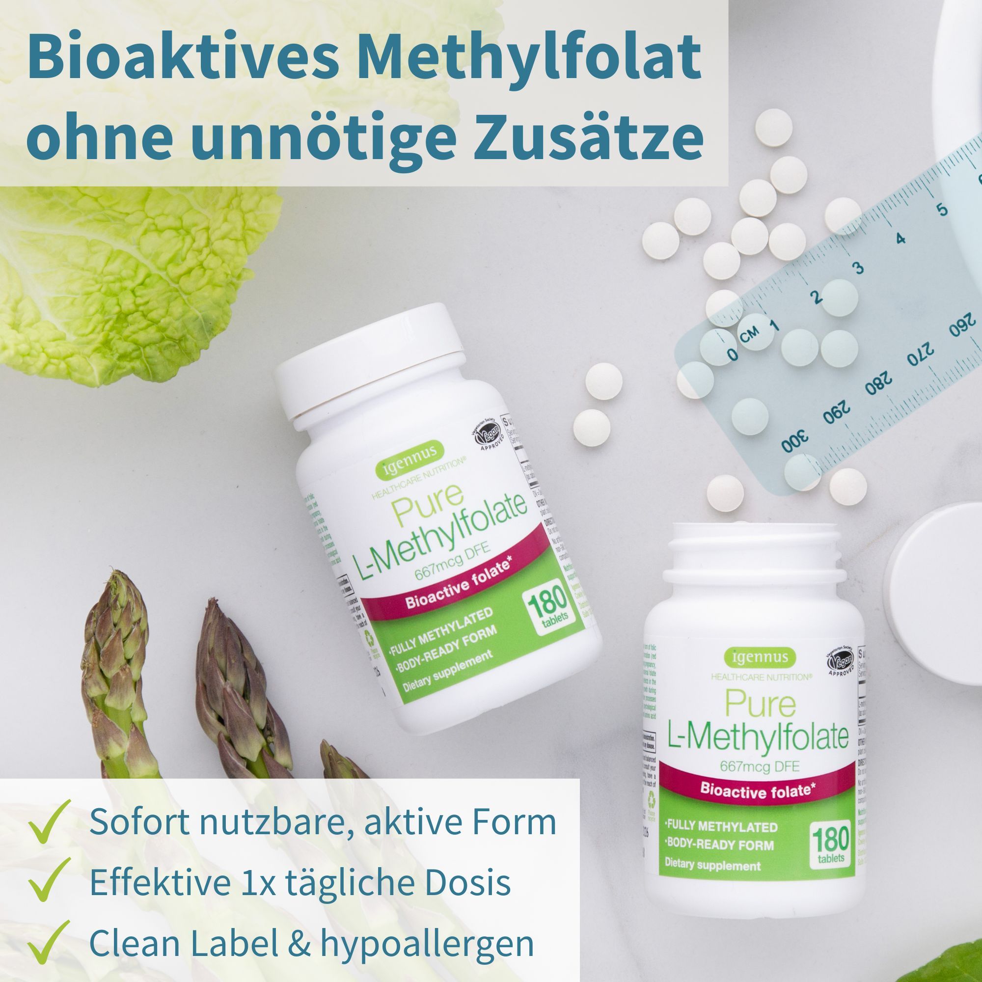 Zwei Flaschen Igennus Pure L-Methylfolat 400mcg, 180 Tabletten.