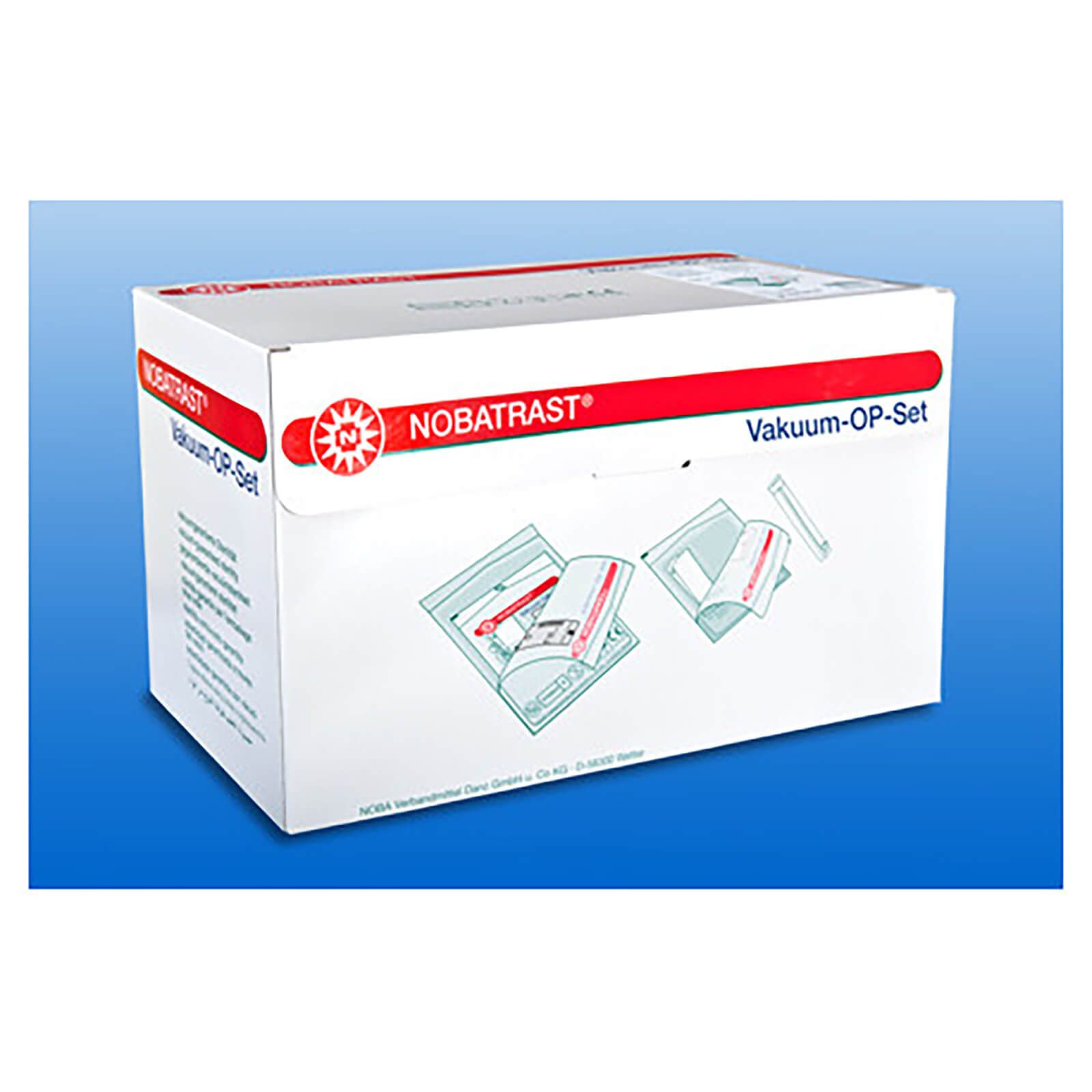 Verpackung NOBATRAST Vakuum-OP-Set. Weißer Karton mit roter Beschriftung. Produktabbildung.