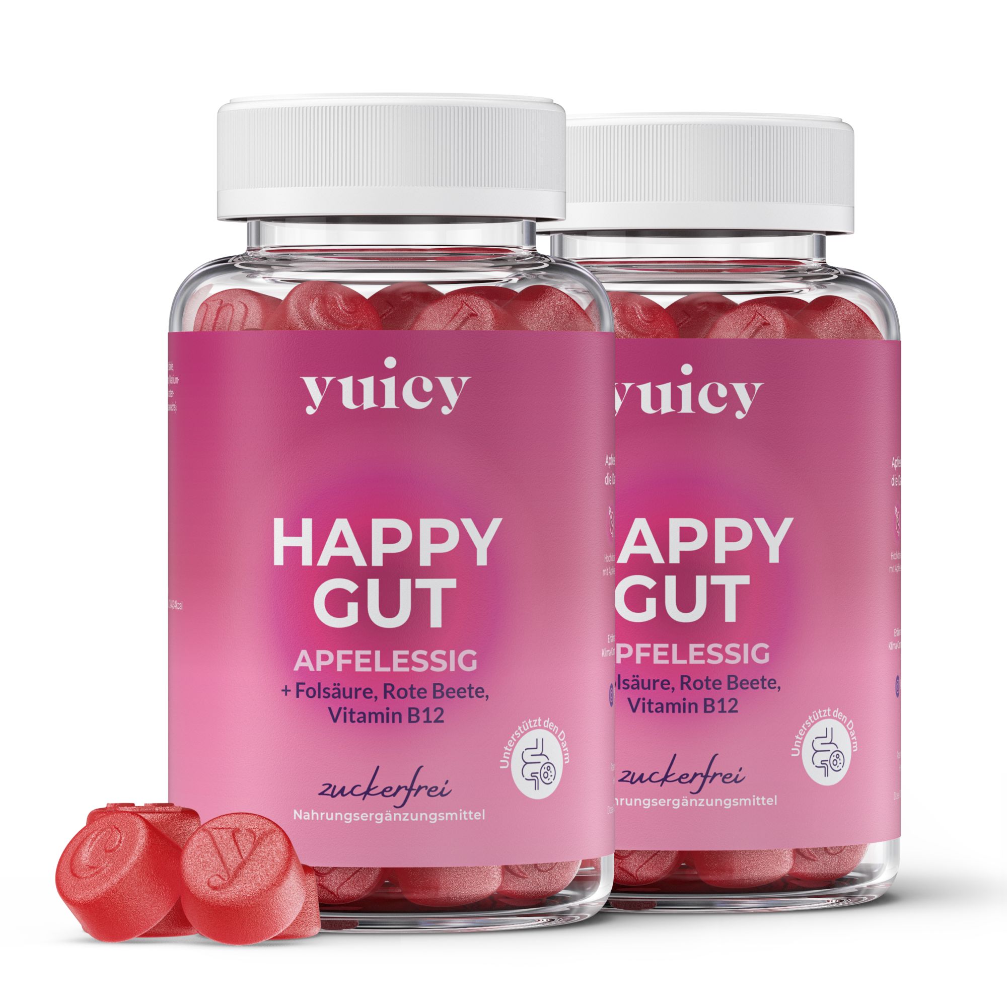 Zwei Flaschen mit Gummibärchen. Text: yuicy HAPPY GUT. Apfelessig, Folsäure, Rote Beete, Vitamin B12. Zuckerfrei.