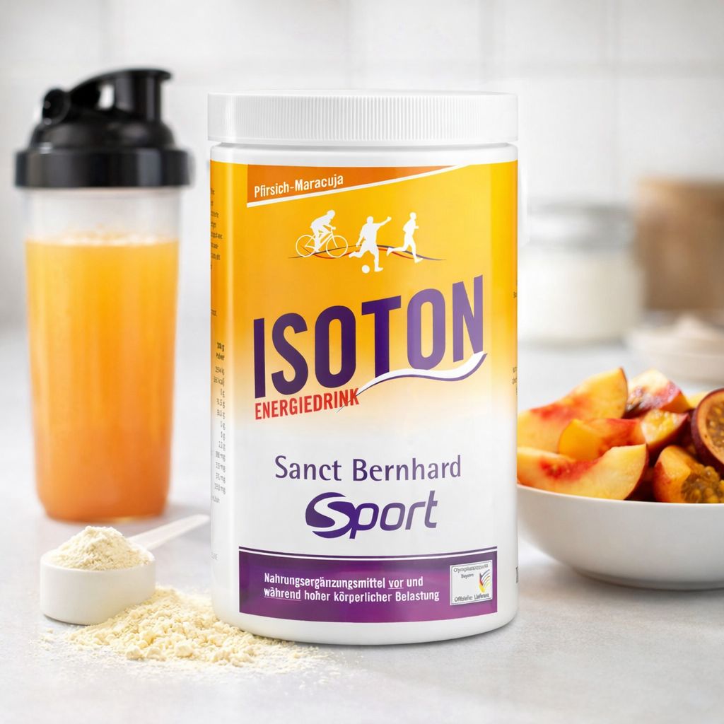 Dose Isoton Energiedrink, Shaker und Früchte.