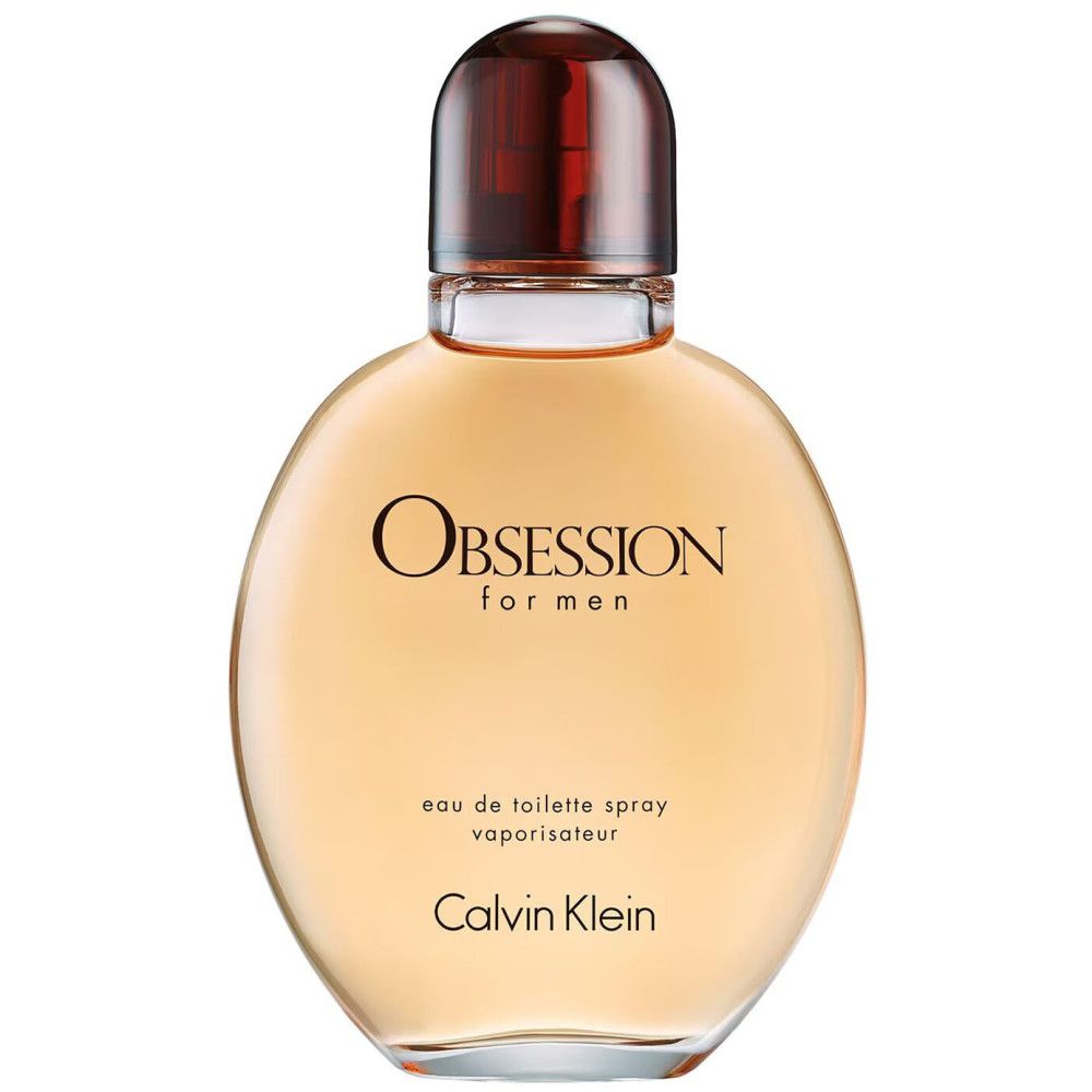 Runder Flakon mit braunem Deckel. Aufschrift: Obsession for men, Calvin Klein.