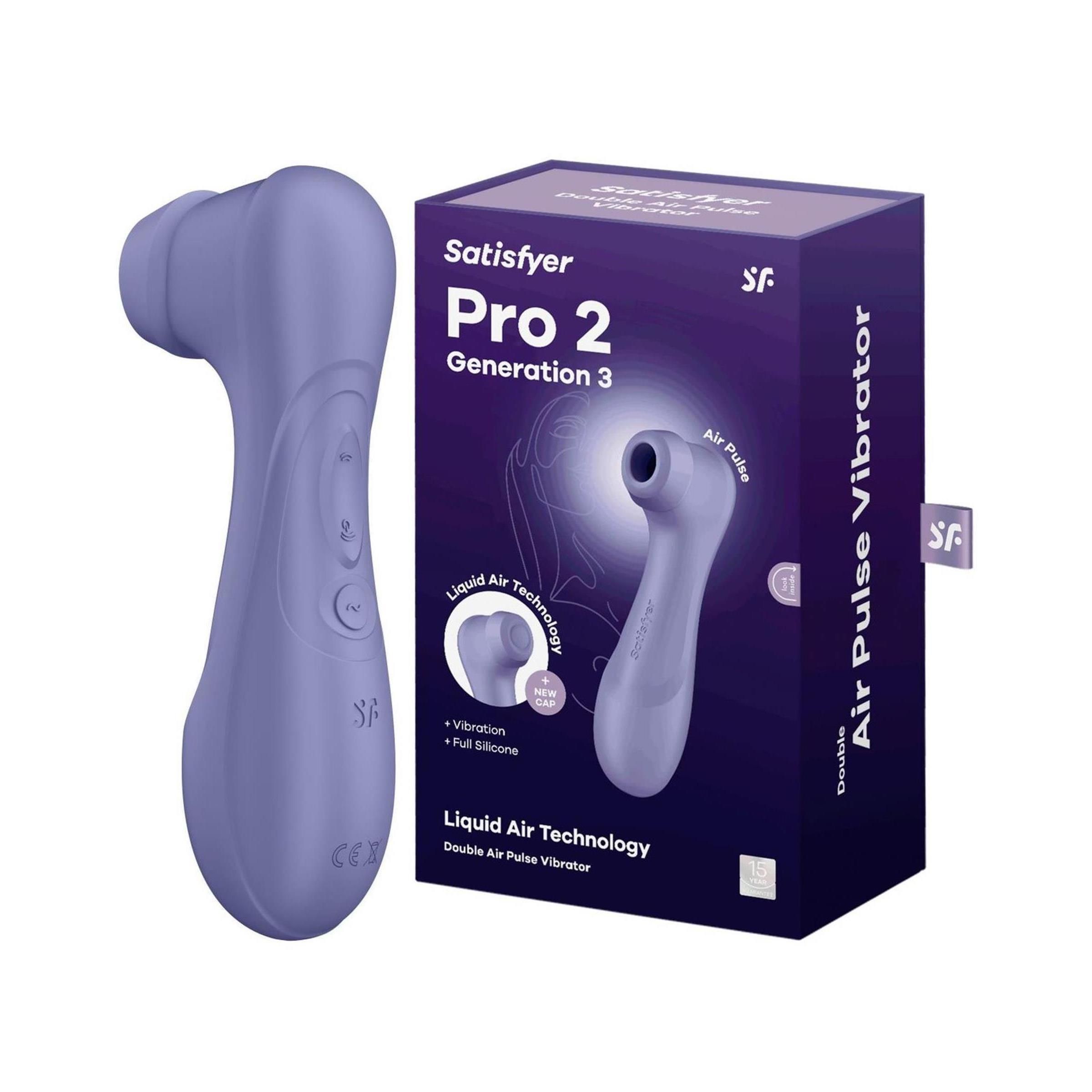 Lila Vibrator mit Verpackung. Auf der Verpackung steht: Satisfyer Pro 2 Generation 3, Air Pulse Vibrator.