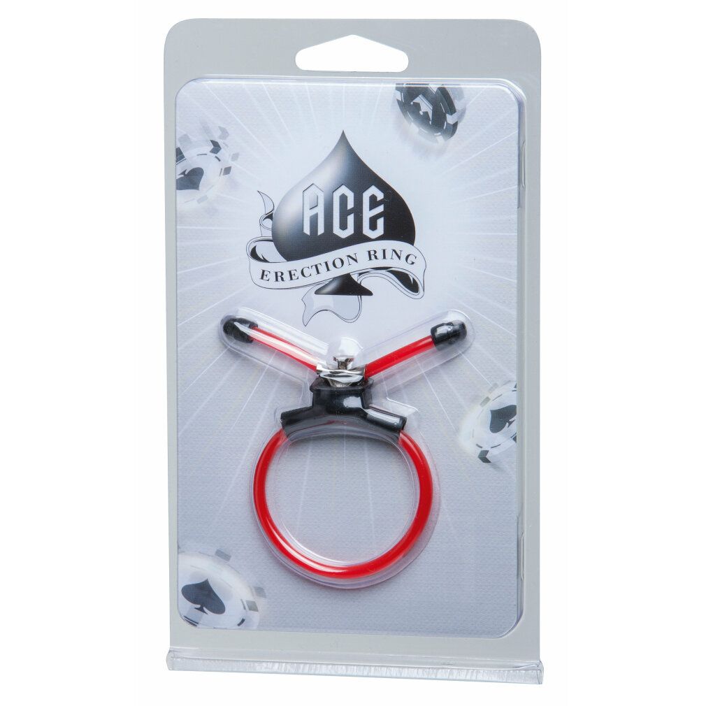 Erektionsring in Blisterverpackung. Roter Ring mit schwarzem Element und zwei weißen Stäben.