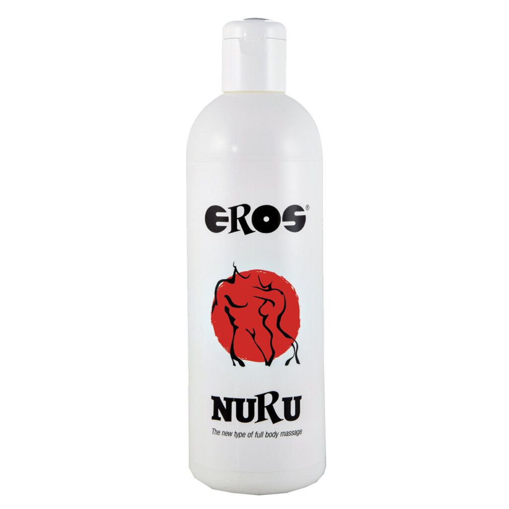 Weiße Flasche mit schwarzem Schriftzug EROS und rotem Kreis mit Figuren. Unterhalb steht NURU.