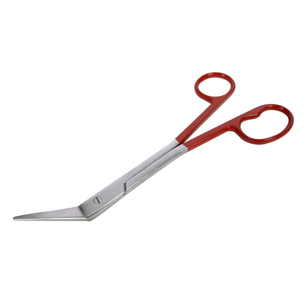 Zehennagelschere mit gebogenen Klingen und roten Griffen. Metall, silberfarben. Ringförmige Griffe.