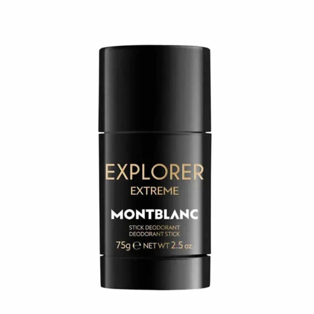 Schwarzer Deostick. Aufschrift: EXPLORER EXTREME, MONTBLANC, STICK DEODORANT, 75g NET WT 2.5 oz.
