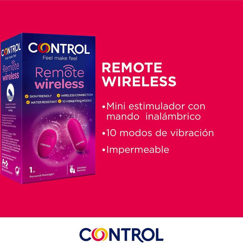 Produktverpackung. Aufschrift: CONTROL Remote wireless. Merkmale: hautfreundlich, wasserdicht, 10 Vibrationsmodi. Enthält einen Massager.