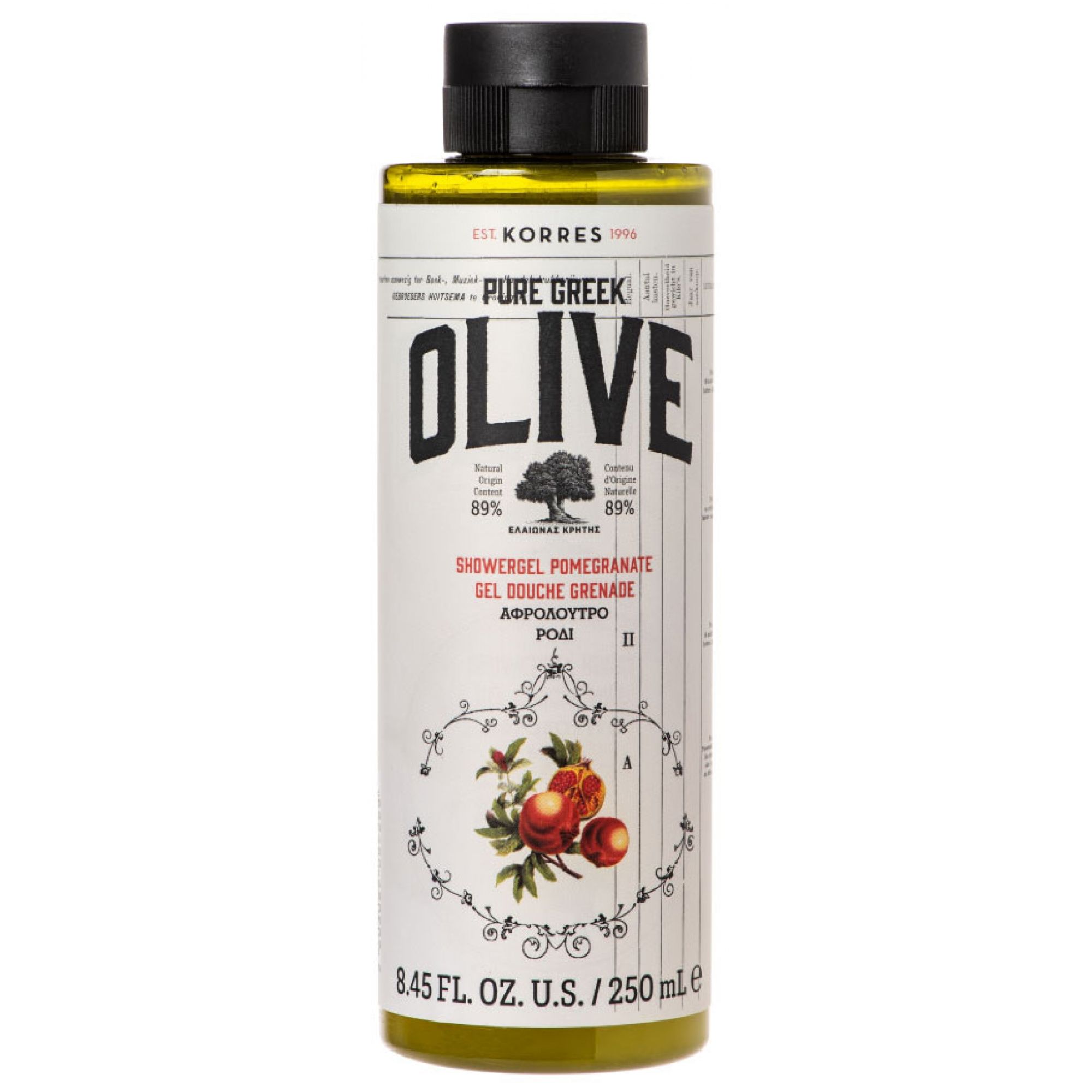 Korres Duschgel Flasche mit Oliven- und Granatapfel-Motiv. 250 ml.