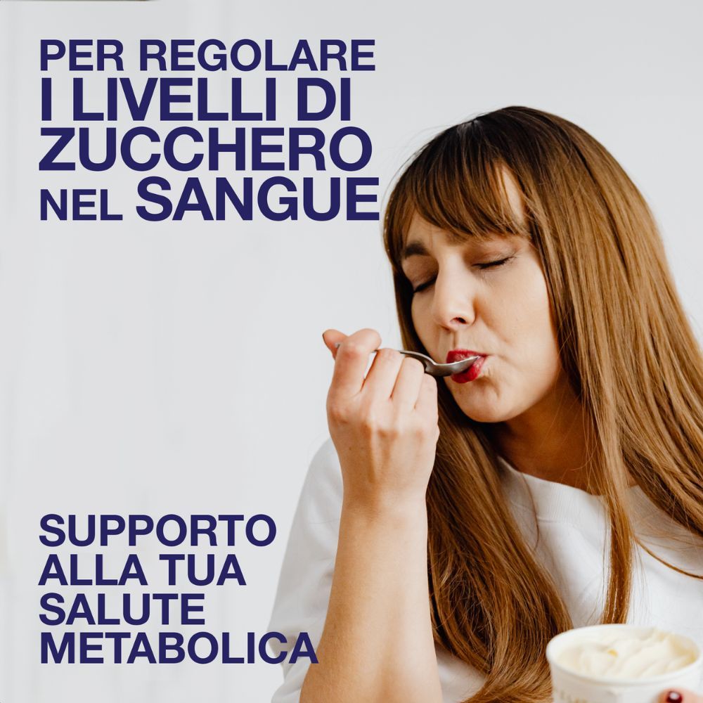 Donna mangia gelato. Testo: 'PER REGOLARE I LIVELLI DI ZUCCHERO NEL SANGUE', 'SUPPORTO ALLA TUA SALUTE METABOLICA'.