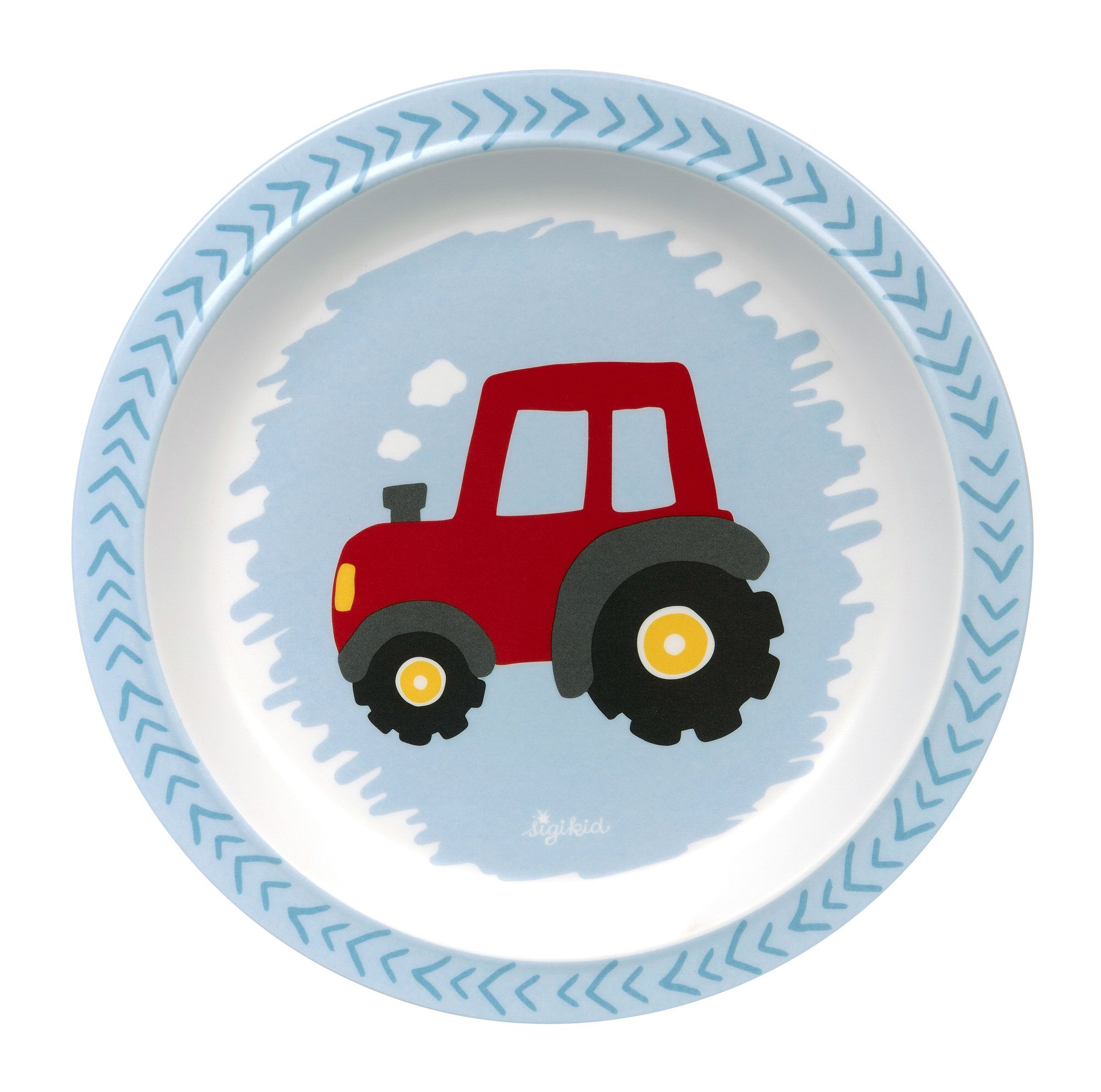 Runder, blauer Melamin-Teller mit Traktor-Motiv. Roter Traktor mit schwarzen Reifen und gelben Felgen. Hellblauer Rand mit Pfeilmuster.