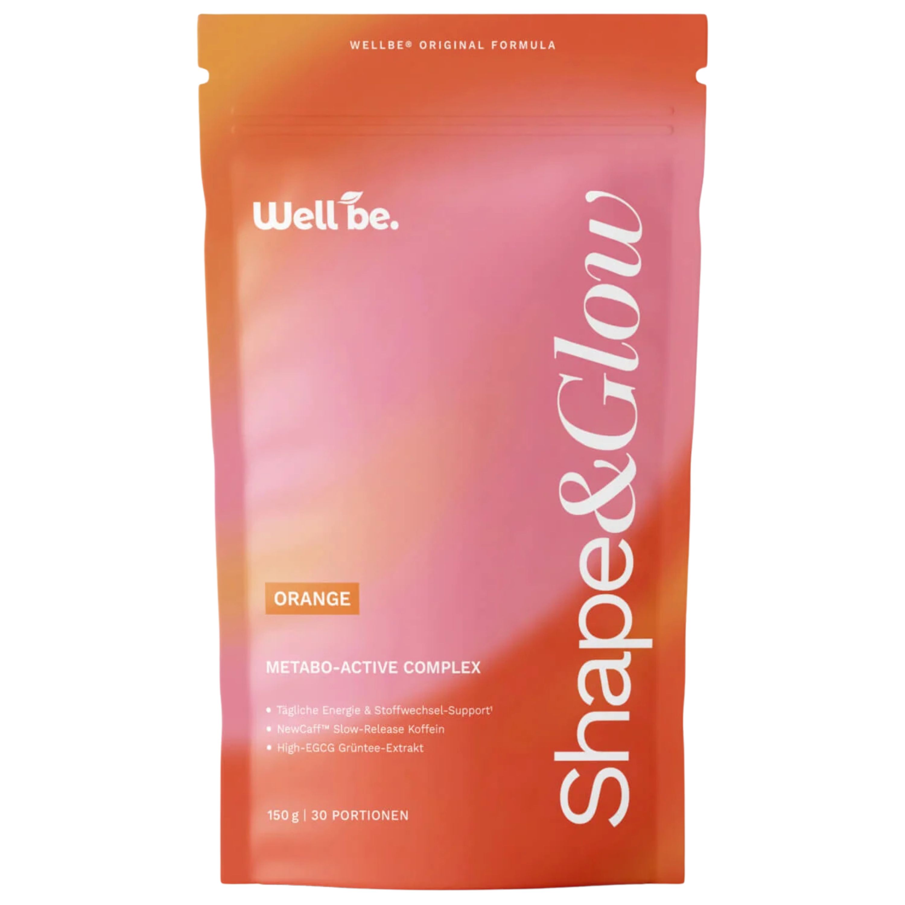 Ein Beutel Wellbe Shape&Glow Metabo-Active Complex in Orange, 150g.