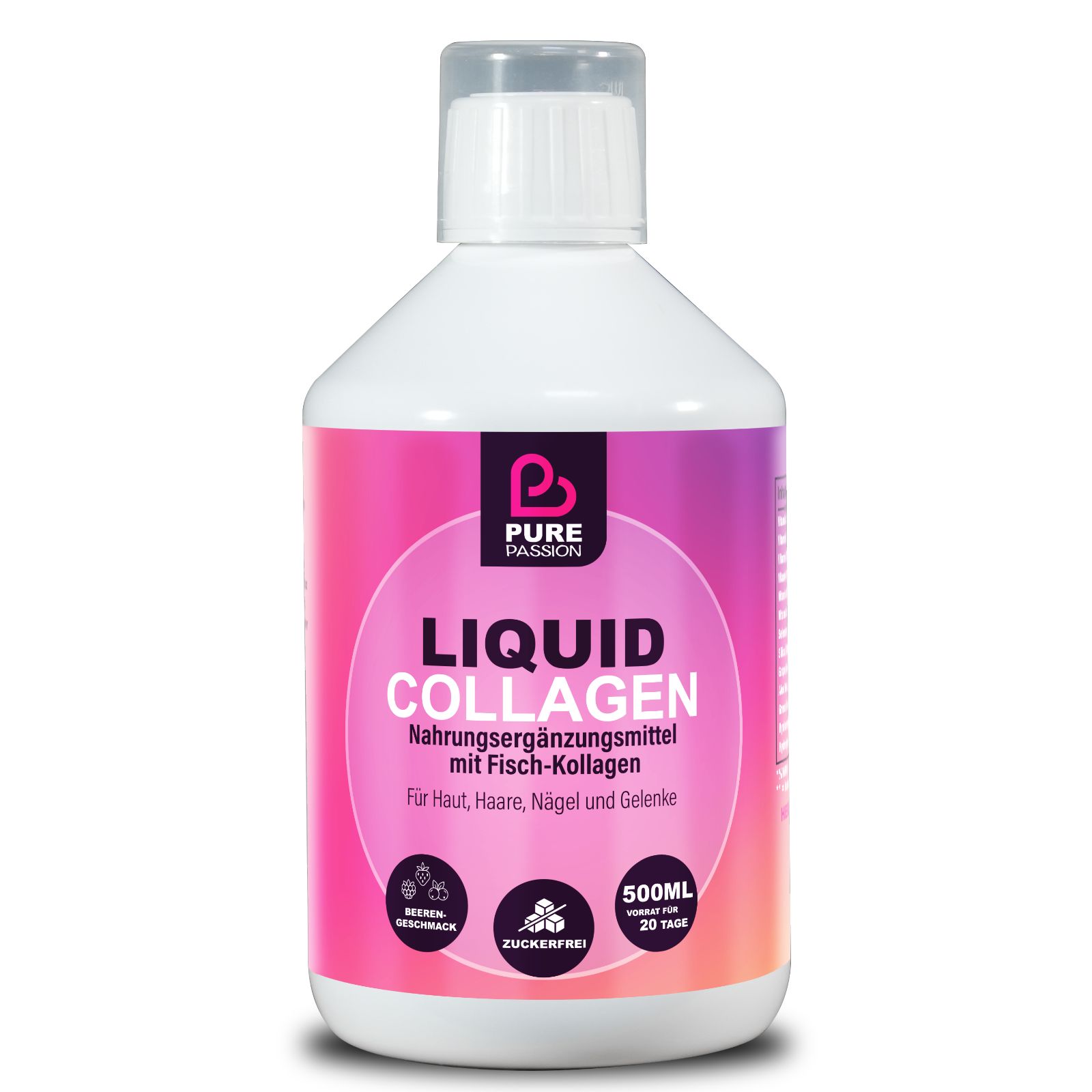 Weiße Flasche mit rosa-lila Etikett. Enthält flüssiges Kollagen. Text: Pure Passion, Liquid Collagen, 500ml.