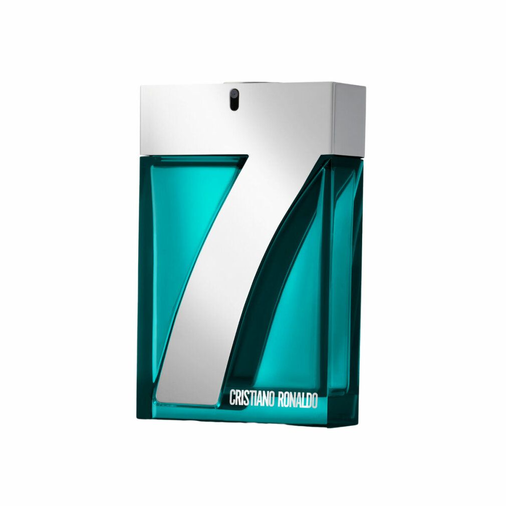 Cristiano Ronaldo 7Origins Eau de Toilette Flakon in Türkis mit silbernem '7'-Design.