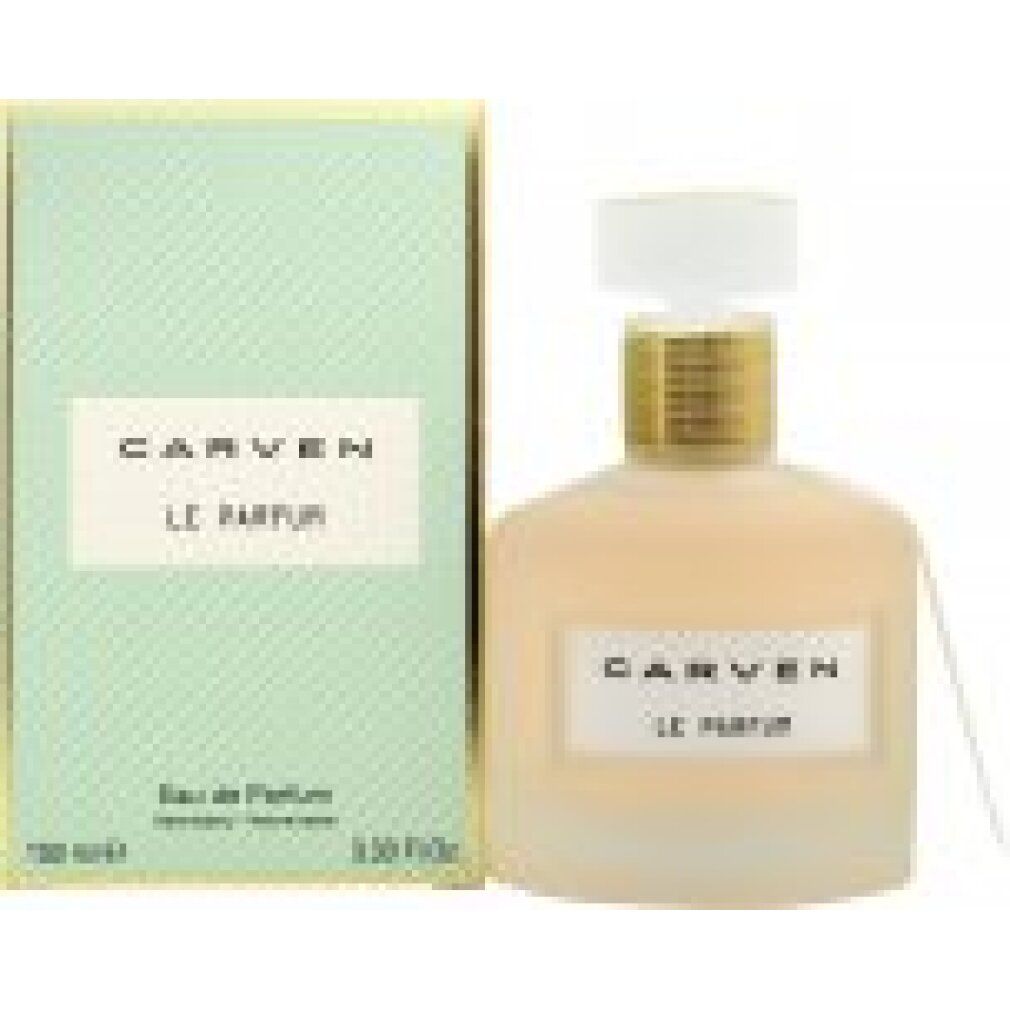 Parfümflakon und Verpackung. Aufschrift: CARVEN LE PARFUM. Flakon mit weißem Etikett. Grüne Verpackung.