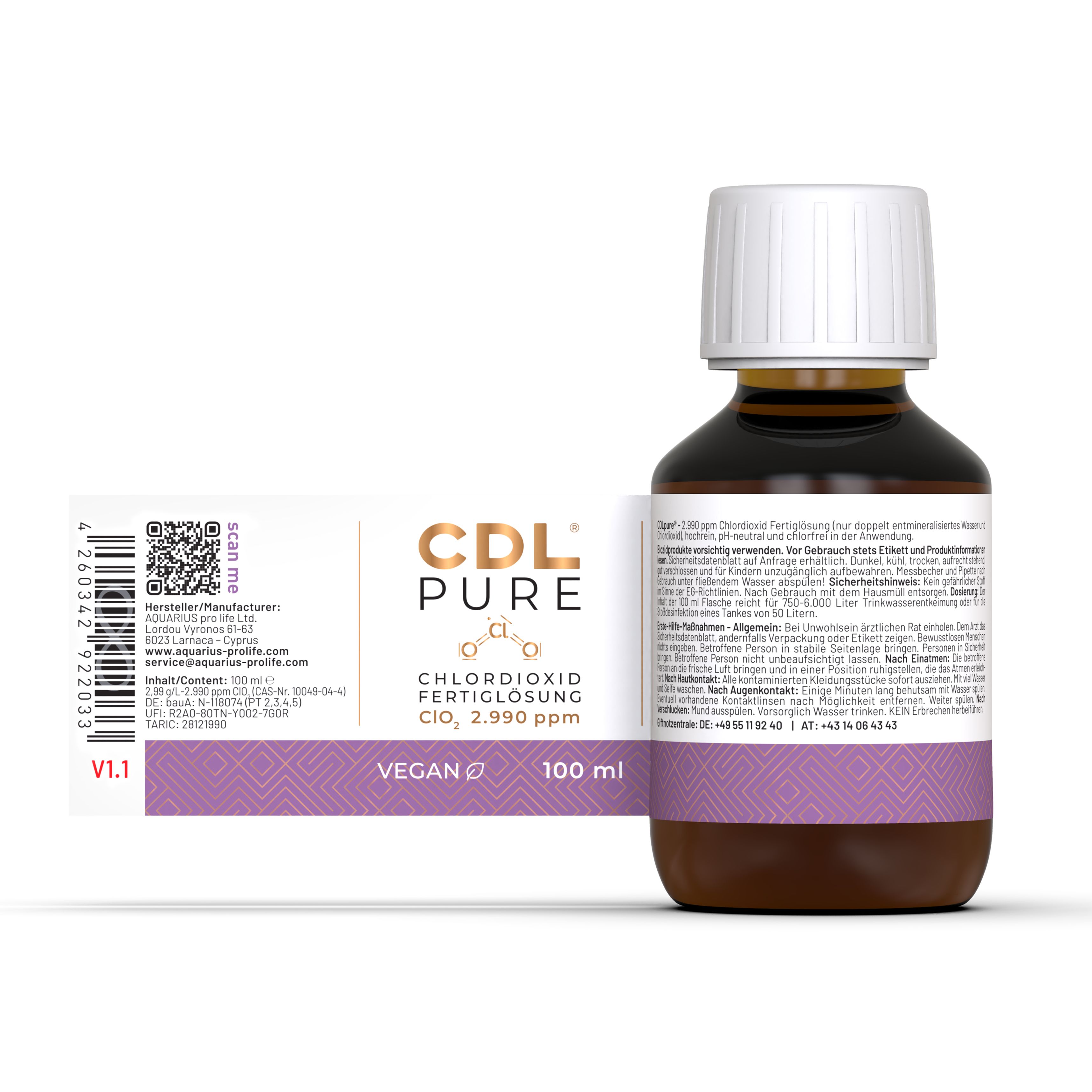 CDLpure Chlordioxid Fertiglösung Flasche mit Rückseitenetikett. 2990 ppm. Vegan. 100 ml.