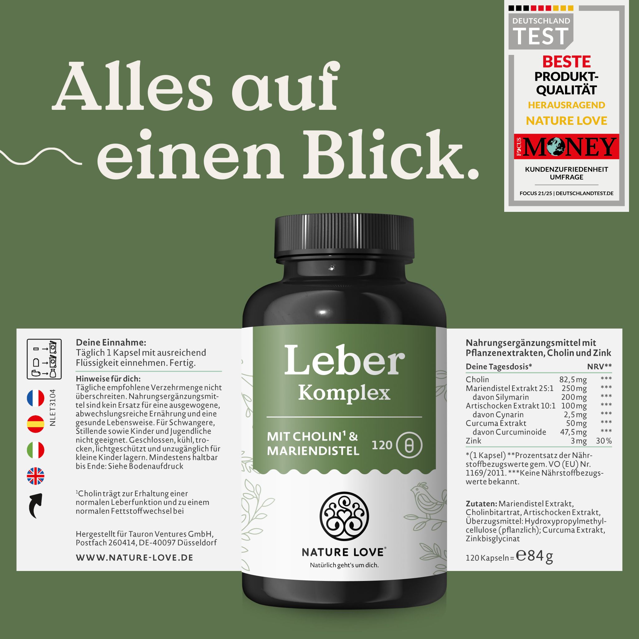 Flasche Leber Komplex mit Siegel und gelbem Aufkleber 'Detox-Effekt'.
