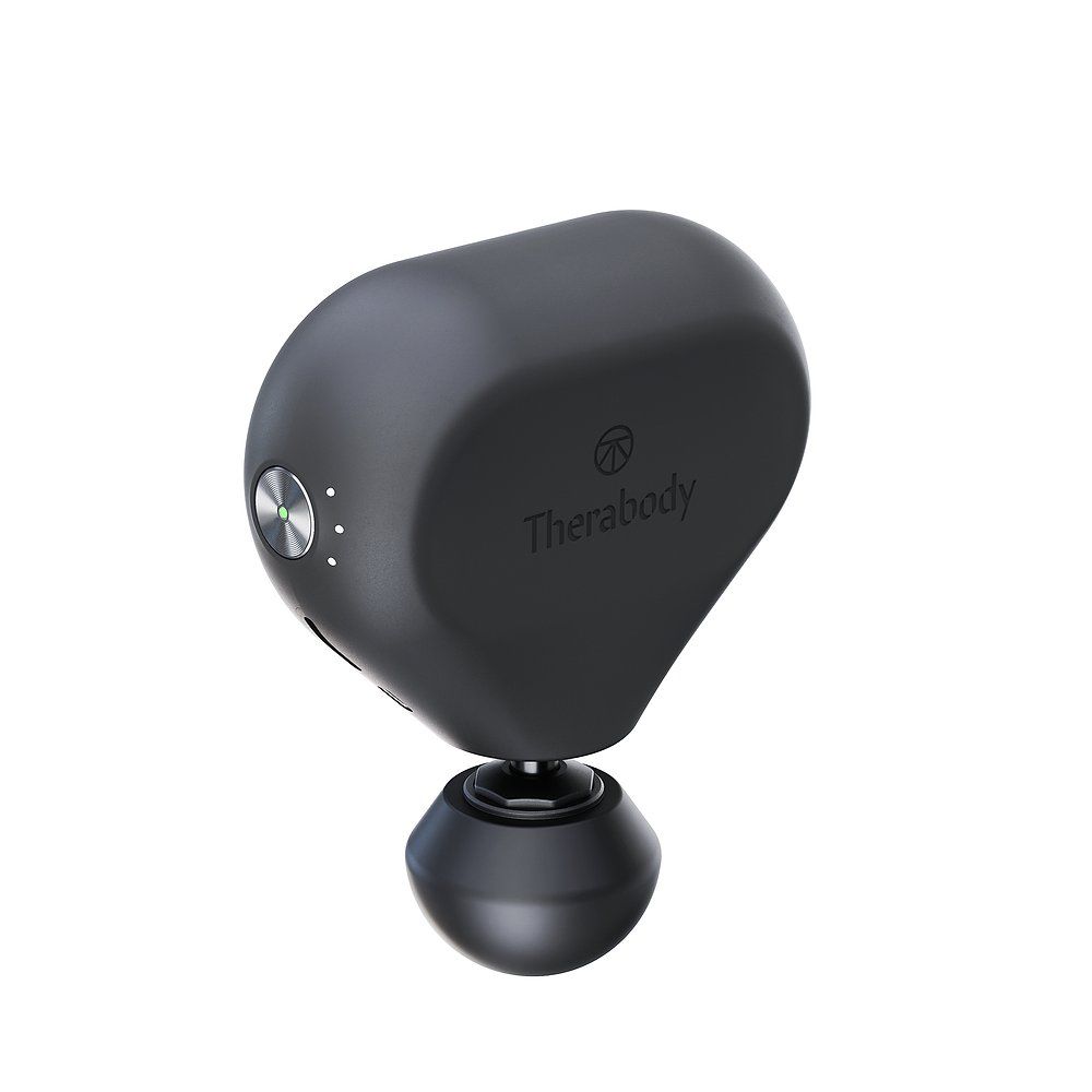 Schwarzes Therabody Vibrationsmassagegerät. Ovale Form mit rundem Kopf. Therabody-Logo. Schwarzer Griff. LED-Anzeige.