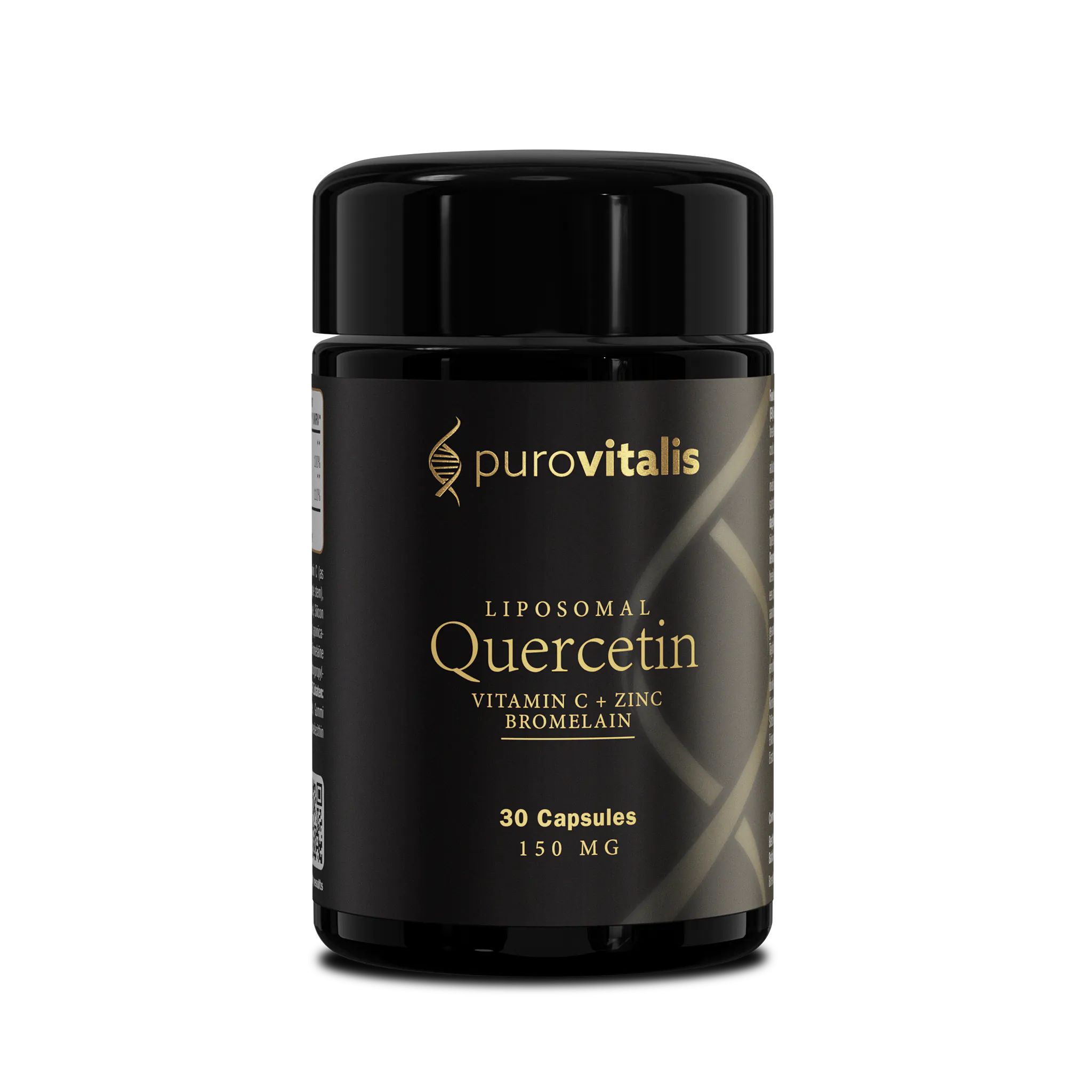 Schwarze Flasche mit Kapseln. Aufschrift: Purovitalis, Liposomales Quercetin, Vitamin C, Zink & Bromelain, 30 Kapseln, 150 mg.