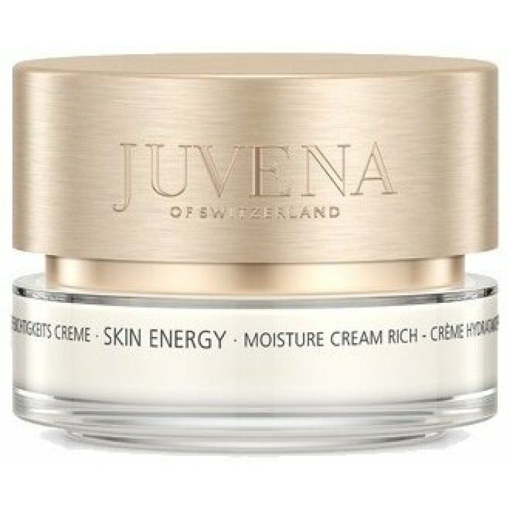 Creme-Tiegel mit goldfarbenem Deckel. Aufschrift: Juvena of Switzerland, Skin Energy, Moisture Cream Rich. Glasbehälter.