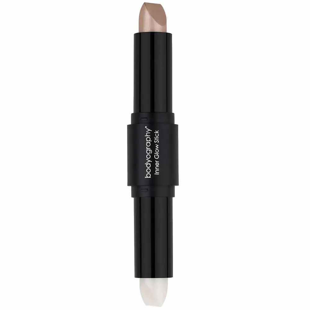 Doppel-Highlighter-Stick. Ein Ende ist hell, das andere ist champagnerfarben. Schwarzer Stift mit Produktnamen.