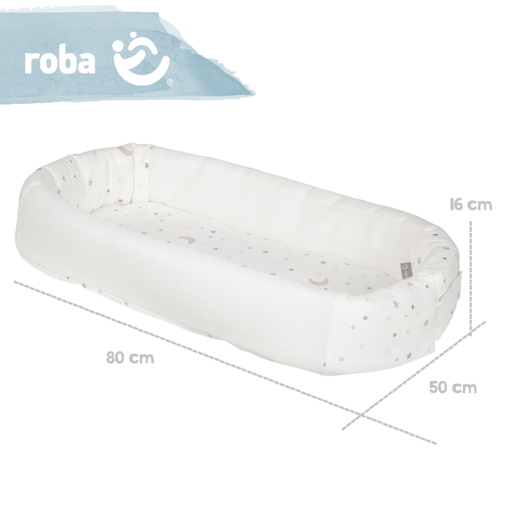 Weiße Babylounge mit Sternenmuster. Die Abmessungen sind 80 x 50 x 16 cm. Das Logo von roba ist sichtbar.