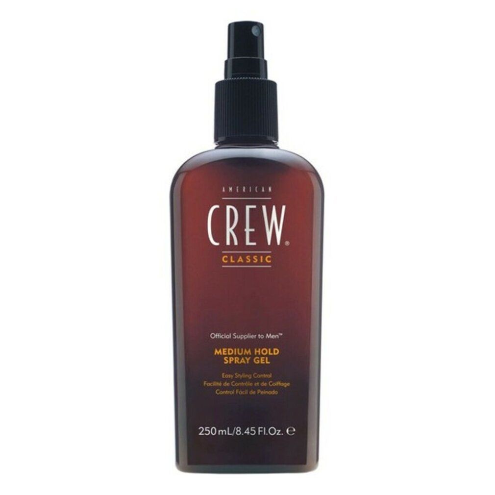 Braune Flasche mit schwarzem Sprühkopf. Aufschrift: CREW CLASSIC, MEDIUM HOLD SPRAY GEL. 250ml/8.45 Fl. Oz.