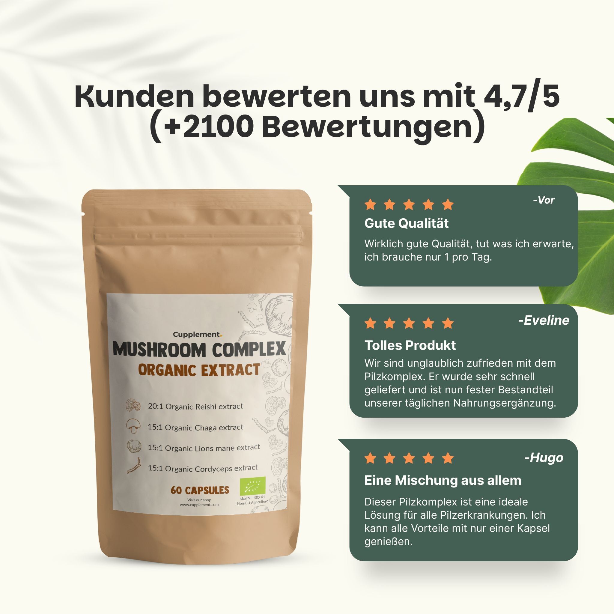 Beutel mit Kapseln. Aufschrift: MUSHROOM COMPLEX ORGANIC EXTRACT. 60 Kapseln. Mit Bio-Siegel. Kundenbewertungen.