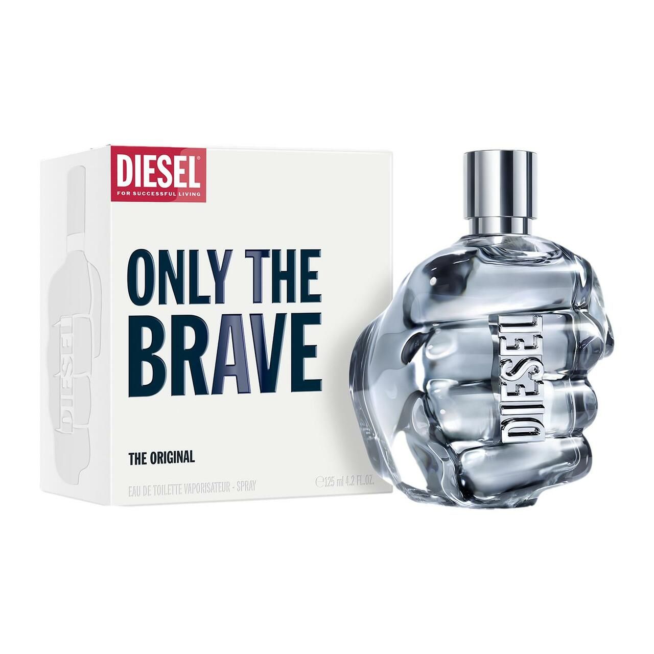 Flakon in Faustform und Verpackung mit Schriftzug DIESEL ONLY THE BRAVE. Aufschrift Eau de Toilette.
