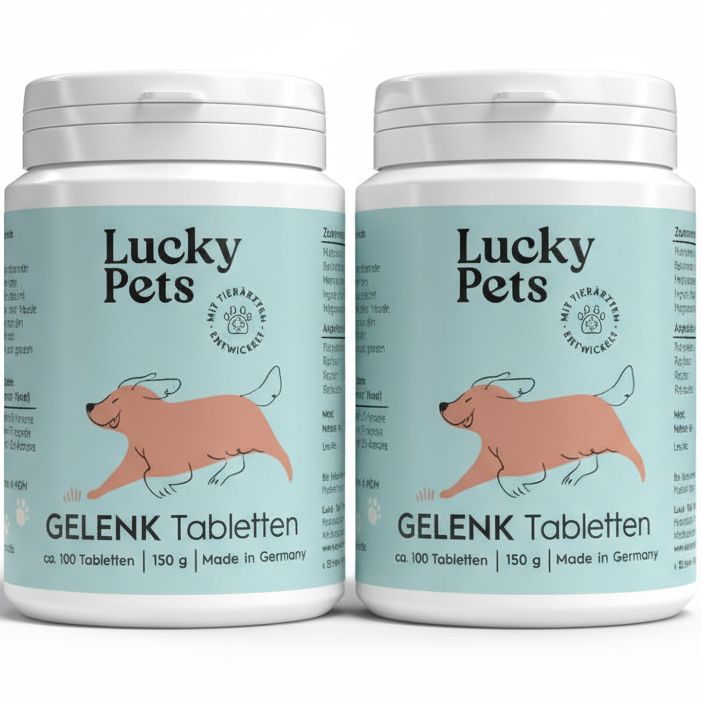 Zwei Produktflaschen. Aufschrift: Lucky Pets, Gelenk Tabletten, ca. 100 Tabletten, 150g, Made in Germany. Logo: Hund.