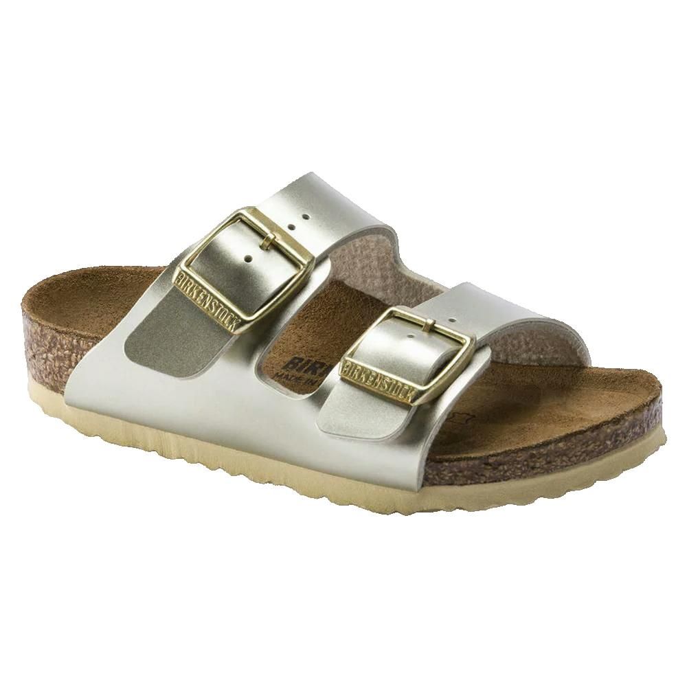 Sandali argento con due fibbie. Plantare in sughero, fibbie dorate, logo Birkenstock.