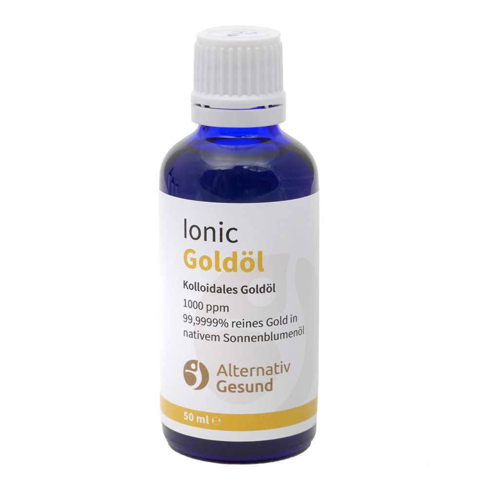 Blaue Glasflasche mit weißem Deckel. Aufschrift: Ionic Goldöl, Kolloidales Goldöl, 1000 ppm, Alternativ Gesund. 50 ml.