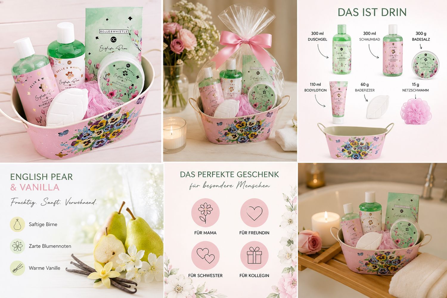 Collage: Geschenkset mit Duschgel, Bodylotion, Badesalz. Details zu Inhaltsstoffen und Anlässen. Produkt im rosa Korb.