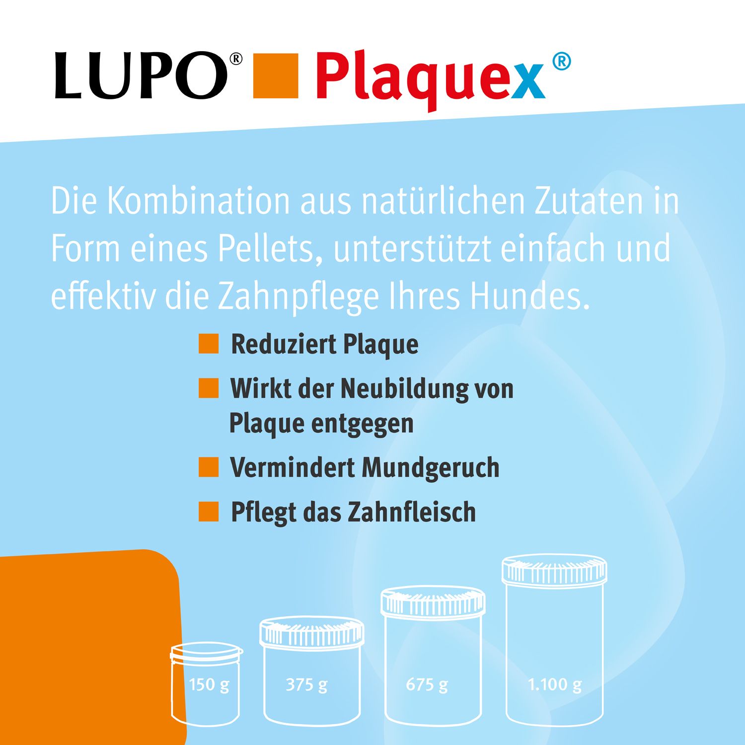 Grafik mit Produktnamen LUPO Plaquex. Text: Reduziert Plaque, Wirkt der Neubildung von Plaque entgegen, Vermindert Mundgeruch, Pflegt das Zahnfleisch. Behälter-Illustrationen.