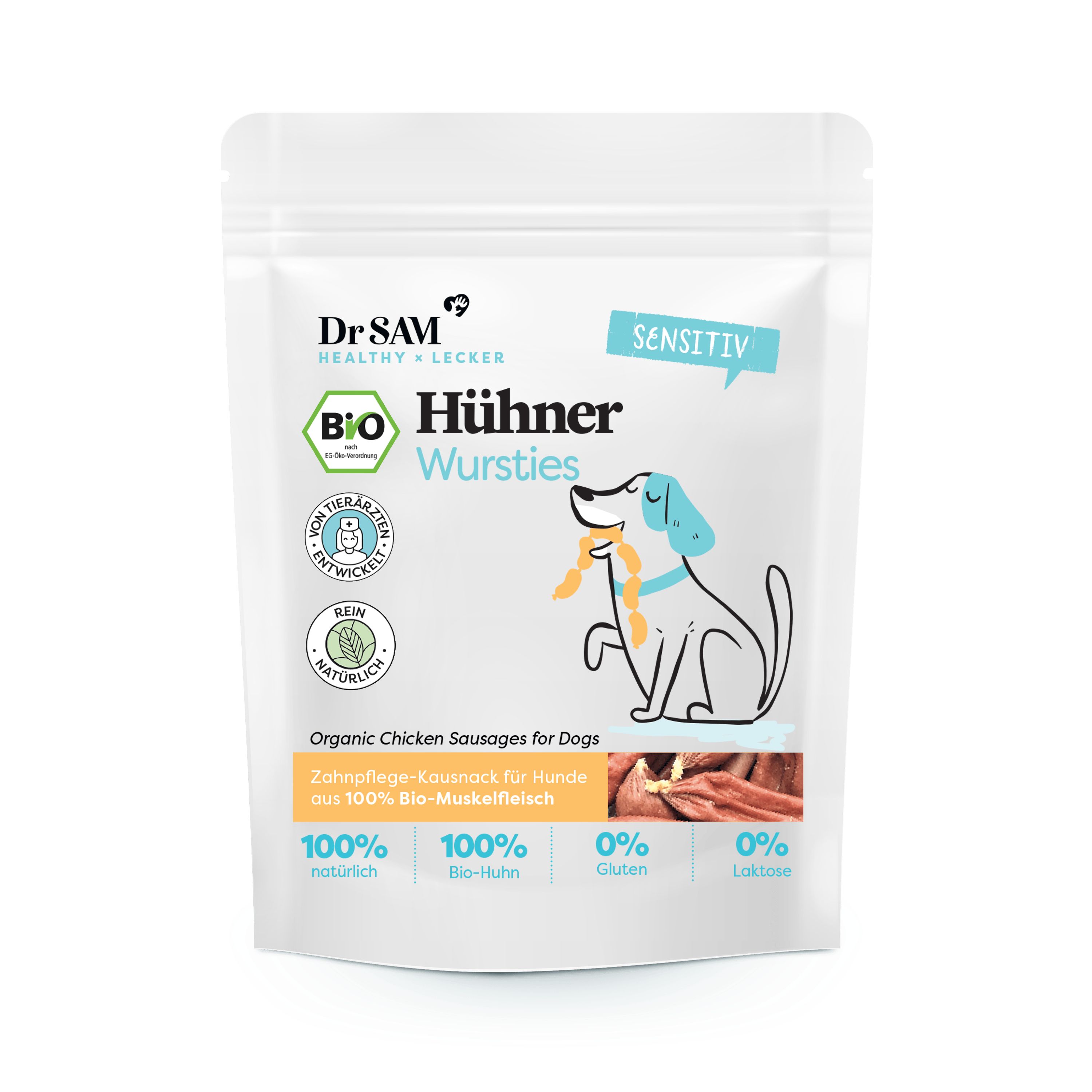 Weiße Verpackung mit Produktnamen und Illustration eines Hundes. Bio-Siegel und Text: 100% Bio-Huhn, 0% Gluten, 0% Laktose.