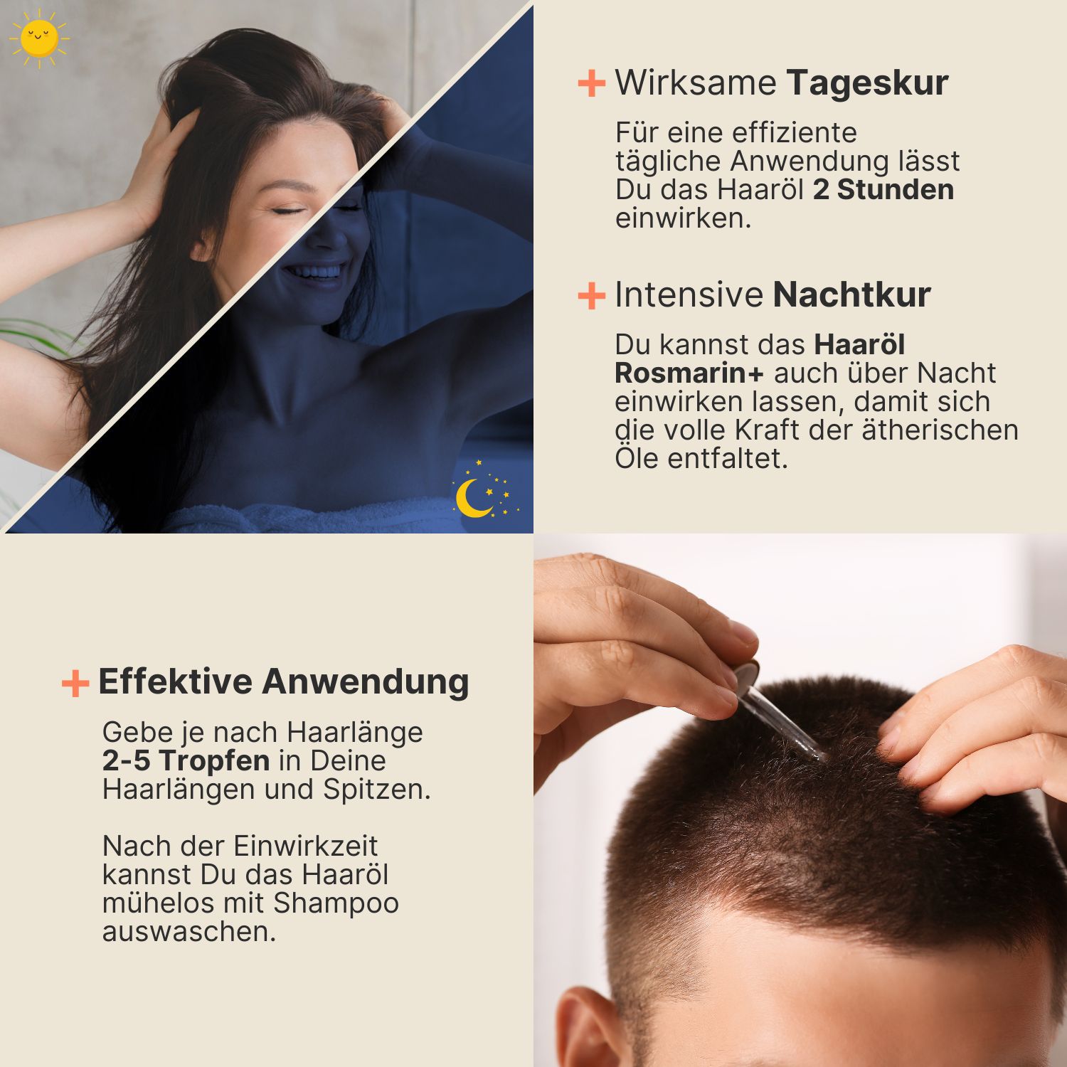 Anwendungshinweise für Haaröl Rosmarin+. Tages- und Nachtkur. Mann trägt Öl auf die Kopfhaut auf.