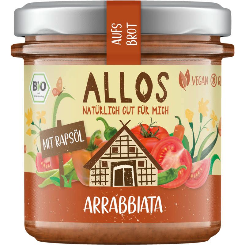 Glas mit Aufstrich. Aufschrift: ALLOS, Arrabiata, mit Rapsöl. Bio-Siegel. Abbildung von Gemüse.